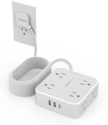TESSAN Power Strip Tower Surge Protector: 8 AC Outlets & 3 USB Ports (1 USB-C) with 900 Joules Protection, 5 FT Flat Plug Extension Cord – Ultimate Desk Charging Station for Home Office and Dorm Room Efficiency