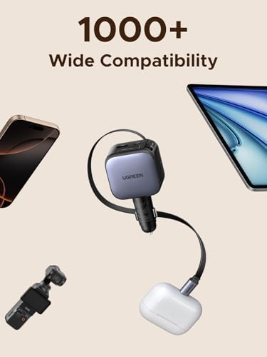 UGREEN 60 W 3-Port Retractable Car Charger with Dual USB-C & USB-A Ports – Rapid Charging Solution for i Phone 16/15, Galaxy S25/S24, i Pad & GPS – Compact Cigarette Lighter Adapter for Enhanced Versatility and Efficiency on the Road