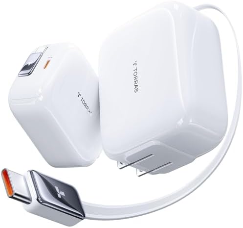 Experience Maximum Efficiency with TORRAS Flex Line 40 W Dual-Port USB-C Charger Block for Galaxy Z Fold 7 – Fast Charging Power Adapter with Retractable Cable, Ideal for i Phone 15/16 & Samsung Galaxy S25/S24 Ultra, Sleek Gold Finish for Ultimate Style and Portability