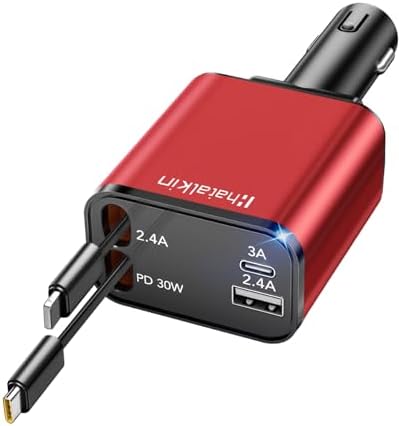 2025 Ultra-Compact 4-in-1 Retractable Car Charger – 69 W Fast Charging Adapter for i Phone 16, Galaxy and More – Innovative Space-Saving Design with Multiple Ports for Simultaneous Device Powering – Essential Car Accessory for Daily Commutes and Road Trips