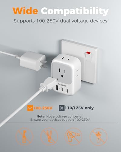 TESSAN Universal European Travel Power Adapter – 3 High-Speed USB Ports (2 USB-C) & 4 AC Outlets for Seamless Device Charging Across France, Germany, Spain, Greece & More – Compact Multi-Port Solution for Global Travelers – Ultimate Type E/F Plug Converter for Efficient Connectivity