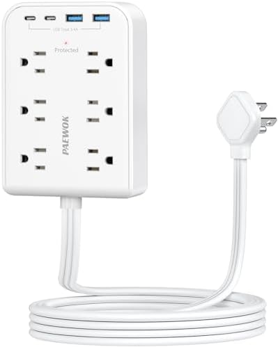 5 FT Ultra Thin Power Strip with 6 AC Outlets & 4 USB Ports (2 USB-C) – Sleek Surge Protector for Home & Office Charging Solutions, Compact Wall Charger for Efficient Power Distribution and Device Safety