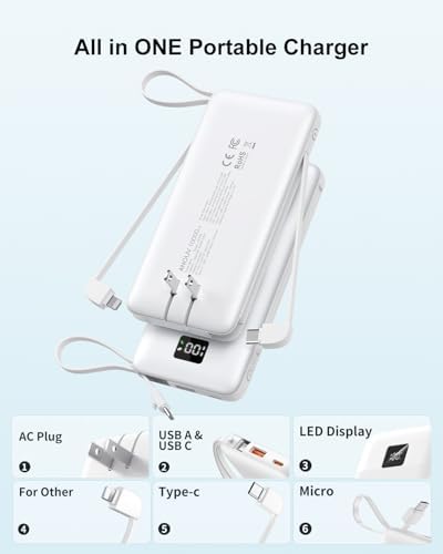 Revolutionize Your Charging Experience with ANOUV 10,000 m Ah Portable Power Bank – Built-in Cables & AC Plug for Fast, On-the-Go USB-C Charging, Compatible with i Phones and All Smart Devices – LED Display for Real-Time Battery Monitoring – The Ultimate Travel Essential for Efficiency and Convenience