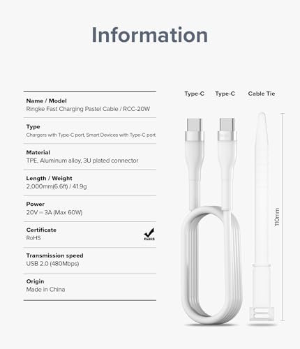 Ringke 6.6 FT USB C to USB C Pastel Charging Cable – Fast Charging Cord for i Phone 16/15, Galaxy, Pixel, Laptops & Tablets – Sleek Design for Enhanced Connectivity and Durability – Perfect for Carplay and On-the-Go Use