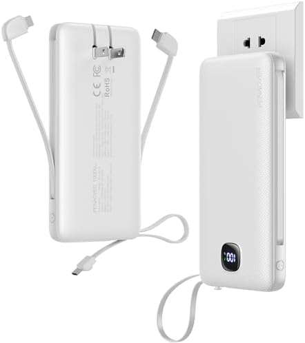 Ultra-Slim 10000 m Ah Fast Charging Power Bank with Built-In Cables & AC Plug – Versatile 5 Output USB-C Portable Charger for i Phones, Samsung, Android & More – Perfect for Travel & On-the-Go Power Solutions