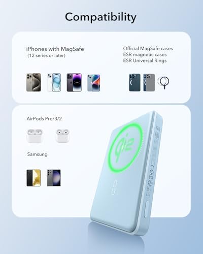 Ultra-Compact ESR Mag Safe Power Bank – 5,000 m Ah Fast Charging Battery Pack with Qi2 Certification – Slim 0.55 in Design for i Phone 16/15/14/13/12 – 15 W Wireless & 20 W USB-C Charger with Cable – Essential Travel Accessory for On-the-Go Power