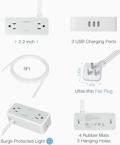 TESSAN 5 FT Flat Plug Extension Cord with 4 AC Outlets, 1 USB-C & 2 USB-A Ports – 900 Joules Surge Protector Power Strip for Home Office & Dorm Room – Maximize Charging Efficiency & Space Savings with Versatile Power Accessory
