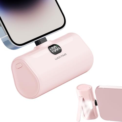 LUCKYDUO Ultra-Compact 5000 m Ah Portable Power Bank with Built-In Phone Holder & LED Light for i Phone – Essential Travel Charger with LCD Battery Indicator, Compatible with i Phone 14/13/12/11/XR/SE/8/7 Pro Max – Stay Charged Anywhere