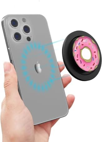 Sleek Black Doughnut Donuts Magnetic Phone Grip for Mag Safe – Adjustable Ergonomic Holder with Versatile Adapter Ring, Perfect for Photography, Wireless Charging Compatibility, and Hands-Free Use
