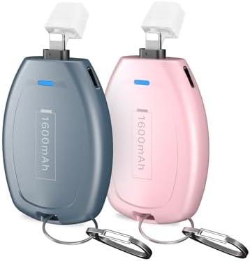 Compact Keychain Power Bank Duo: 1600 m Ah Emergency Charger for i Phone 8, 11, 12, 14 & Air Pods – Ultra-Portable Mini External Battery Pack in Stylish Blue & Pink – Fast Charging & Enhanced Compatibility for On-the-Go Power Solutions