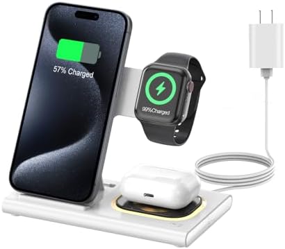 Ultra-Convenient 3-in-1 Foldable Wireless Charging Dock for Apple Devices – Rapid Power-Up Station for i Phone 16/15/14/13/12/11/X/XS, Apple Watch Series 10/9/8/7/Ultra2/Ultra/SE, and Air Pods Pro/2/3/4 – Lightweight Travel Charger with Integrated LED Light for Enhanced Portability and Efficiency