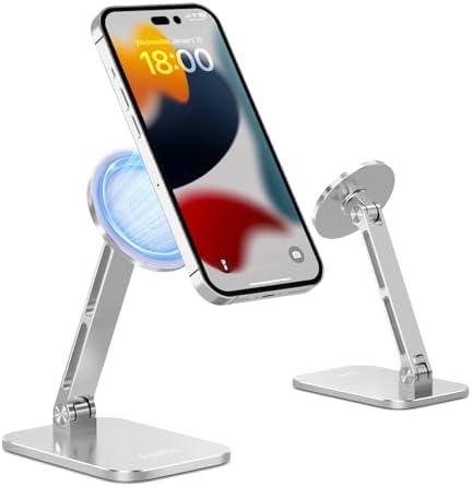 Magnetic Phone Stand for MagSafe Adjustable – Aluminum Portable Phone Holder for Desk with 360° Rotating Head Compatible with iPhone 16/15/14/13/12 Pro Max and Magnetic Phone Case, Silver – Enhanced Compatibility and Speed