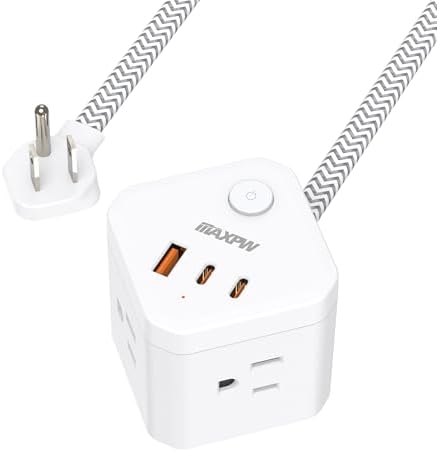 Compact Power Strip Cube with 4 AC Outlets & 3 USB Ports (2 USB-C) – 5 FT Flat Plug Extension Cord, Ideal Travel Charging Station for Office, Dorm, and Cruise Ship Use, Sleek Non-Surge Design for Enhanced Compatibility and Fast Charging Solutions