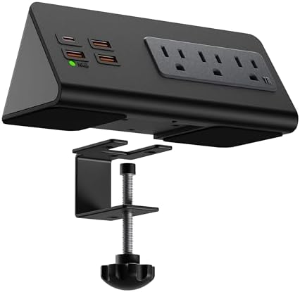 Revolutionize Your Workspace with the Enhanced Desk Edge Clamp Mount Power Strip – Featuring PD20 W Fast Charging USB-C Port, Three AC Outlets, and 5.6 Ft Extension Cord for Ultimate Versatility and Organization, Perfect for Home and Office Use, Streamline Your Charging Needs with this Compact Nightstand Solution