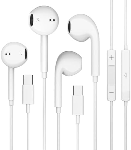 Premium USB C Earbuds for i Phone 16 & 15 – Dual Pack Wired Headphones with Advanced Noise Cancellation and Integrated Microphone for Crystal-Clear Calls – Compatible with i Pad Pro, Galaxy S24/S25, Pixel 9/8/7 – Unmatched Comfort and Long-lasting Durability for Music Lovers and Professionals