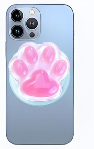 Cute Luminous Pink Cat Paw Magnetic Phone Grip Compatible with MagSafe,Kawaii 3D Shinny Phone Holder Stand for Kindle & iPhone – Adatper Iron Piece Included – Enhanced Compatibility and Speed