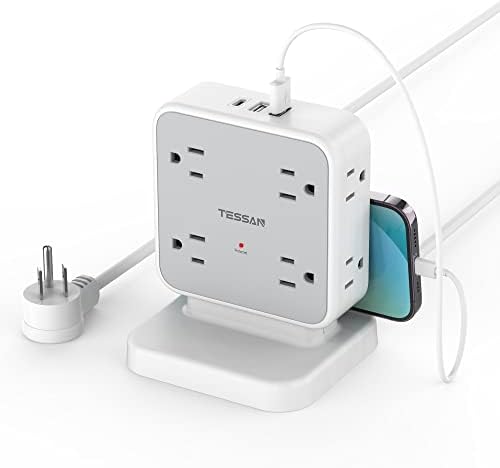 TESSAN Power Strip Tower Surge Protector: 8 AC Outlets & 3 USB Ports (1 USB-C) with 900 Joules Protection, 5 FT Flat Plug Extension Cord – Ultimate Desk Charging Station for Home Office and Dorm Room Efficiency