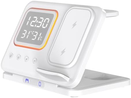 Revolutionary 5-in-1 Wireless Charging Station with Digital Clock, Night Light, and Temperature Display – 15 W Fast Charge for Qi Phones, Smartwatches & TWS Earbuds – Enhanced Safety Features and Space-Saving Design for Home or Travel
