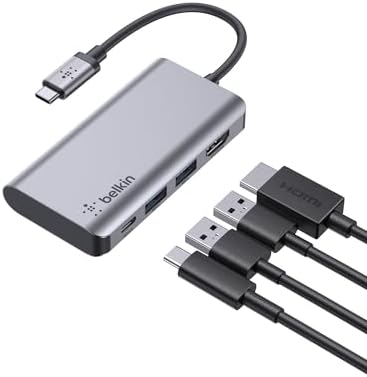 Transform your workspace with the Belkin USB C Hub – the ultimate 4-in-1 Multi-Port Docking Station designed for seamless connectivity and enhanced productivity. Featuring stunning 4 K HDMI output, this sleek device ensures crystal-clear visuals for your presentations and entertainment. With an impressive 100 Watt pass-through power delivery, you can keep your Mac Book Pro, Mac Book Air, i Pad Pro, or Chromebook fully charged while you work. Effortlessly connect your peripherals using the dual USB A ports, making it perfect for both professionals and students on the go. Compact and built for durability, this USB-C docking station is your essential companion for optimizing workflow and maximizing efficiency. Elevate your device connectivity experience with the Belkin USB C Hub today!