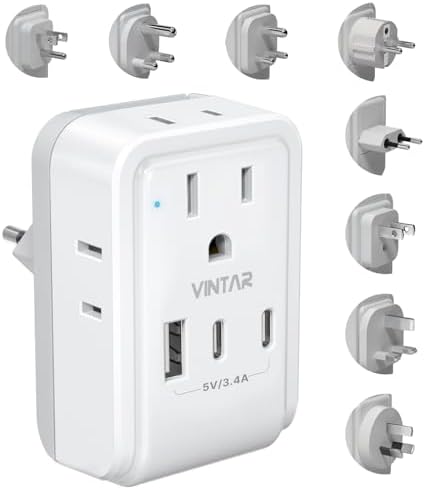 VINTAR All-in-One Global Travel Adapter: Ultimate Universal Power Converter with 4 AC Outlets & 3 High-Speed USB Ports (2 USB-C) – Enhanced Worldwide Compatibility for Europe, UK, Australia, Japan, and Africa – Must-Have Travel Accessory with Interchangeable Plug Attachments for Effortless Device Charging