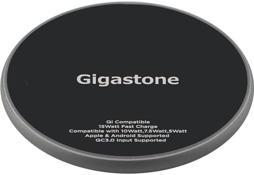 Gigastone 15 W High-Speed Wireless Charger Pad – Qi-Compatible Fast Charging Solution for i Phone 8/X/11/12 Series & Samsung Galaxy S21/S20/S10/Note 10 – Sleek, Anti-Slip Design for Effortless Device Stability & Optimal Performance – Ideal for Home, Office, and Travel Use