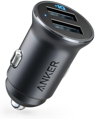 Anker 320 Compact Car Charger – 24 W Dual USB Power Adapter in Premium Aluminum Alloy for i Phone 16/15/14/13/12, i Pad Pro/Air/Mini, Galaxy & More – Enhanced Efficiency with LED Indicator for Low-Light Charging – Perfect for Daily Commuters and Adventurous Road Trips