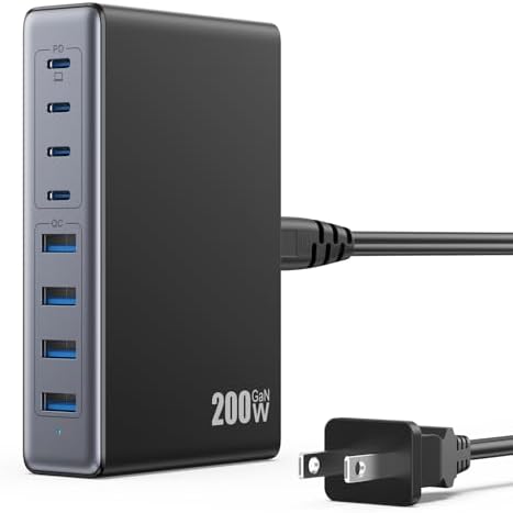 200 W Ga N IV USB-C Charging Hub: 8-Port Fast Charging Station with PD 65 W for Laptops, i Phones, i Pads, and Steam Deck – Compact & Efficient Power Adapter in Striking Red for Ultimate Device Versatility