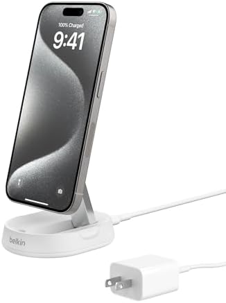 Belkin 15 W Fast Convertible Magnetic Charging Stand – Mag Safe & Qi2 Compatible Power Hub for i Phone 16/16 Plus/16 Pro/16 Pro Max, i Phone 15/14, Apple Air Pods Pro – Stylish White Design for Enhanced Efficiency and Device Versatility
