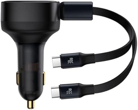 Baseus 33 W Retractable Dual USB-C Car Charger – Fast Charge Your Samsung Galaxy & Tablets on the Go, Sleek Black Design, Compact & Portable, Enhanced Safety Features for Effortless Travel Power Solutions
