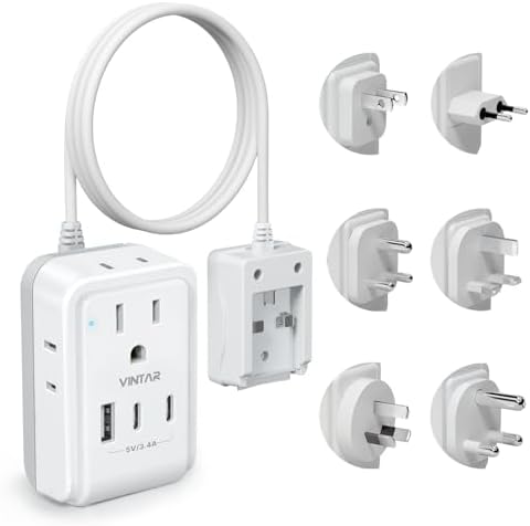 VINTAR All-in-One Global Travel Adapter: Ultimate Universal Power Converter with 4 AC Outlets & 3 High-Speed USB Ports (2 USB-C) – Enhanced Worldwide Compatibility for Europe, UK, Australia, Japan, and Africa – Must-Have Travel Accessory with Interchangeable Plug Attachments for Effortless Device Charging