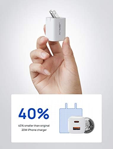 JSAUX 20 W Dual Port USB C Charger Block – Fast Charging Adapter for i Phone 16, Apple Watch, i Pad Pro, and Air Pods – Compact Foldable Travel Charger with Power Delivery & Quick Charge 3.0 Technology – Enhanced Compatibility for All Devices