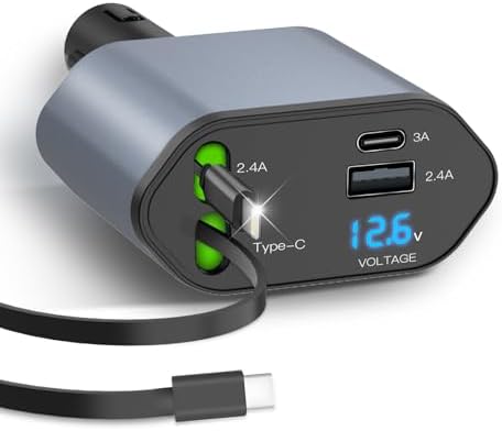 Ultimate 4-in-1 Retractable Car Charger for Fast Multi-Device Charging – Compatible with i Phone & Android, Featuring Advanced Safety Mechanisms and Real-Time Voltage Monitoring for Optimal Performance, 1-Pack – Perfect for Road Trips & Daily Commutes