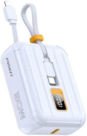 PISEN 10000 m Ah Fast Charging Power Bank with Built-in USB Cables – 30 W High-Speed Portable Charger for i Phone 16/15/14/13/12 Pro/Pro Max/Plus – Compact Battery Pack with Mini LED Display in Blue for Ultimate Convenience and Compatibility