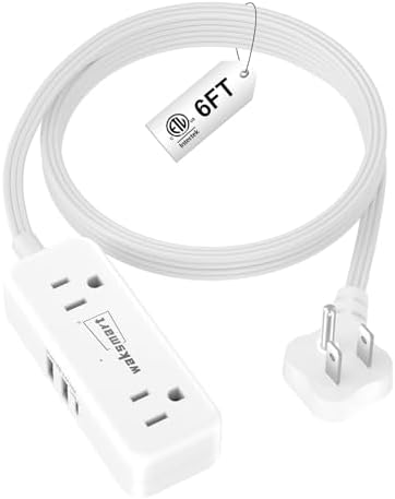 Sleek Flat Plug Power Strip with 5 Ft Extension Cord – 4 AC Outlets & 3 Fast-Charging USB Ports (5 V/3.4 A) – Compact Travel-Friendly Power Solution for College Dorms, Home Offices, and On-the-Go Charging – Maximize Space and Connectivity