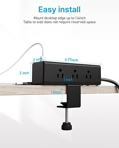 CCCEI Desk Clamp Power Strip: 9 Outlet Surge Protector with USB-A & USB-C Fast Charging | Compact Desktop Edge Mount Power Station | 6 FT Flat Plug for Easy Access | Ideal for Home Office & Gaming Setups | Enhanced Organization & Efficiency