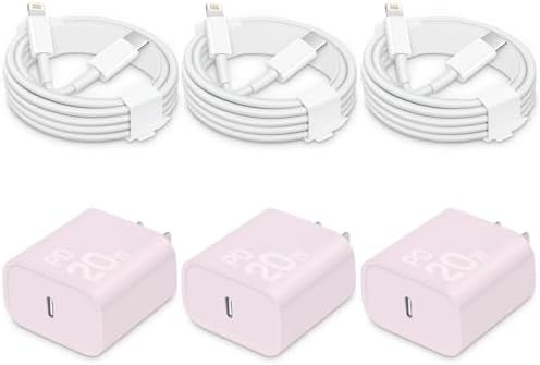 Rapid Charge 20 W USB-C i Phone Charger with 6 ft Cord – MFi Certified Power Block for i Phone 14/13/12/11/X & i Pad – 3-Pack for Ultimate Convenience and Versatility – Enhanced Durability & Fast Charging Performance
