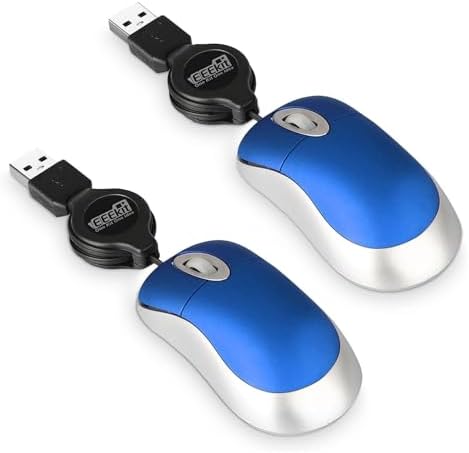 Compact Blue USB Optical Mouse Duo with Retractable Cable – Perfect Travel Accessory for Windows & Mac Users, High Precision & Ergonomic Comfort, Tangle-Free Design for On-the-Go Computing
