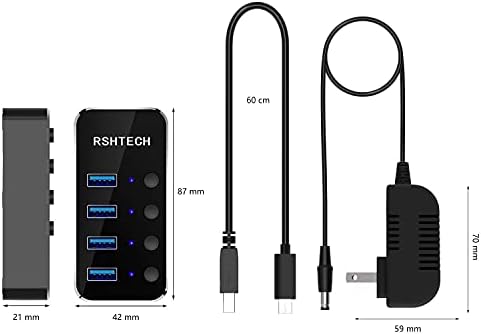 Elevate Your Connectivity with the RSHTECH 4 Port USB C to USB 3.0 Hub Expander – Sleek Aluminum Powered Splitter with 5 V AC Adapter & Individual On/Off Control for High-Speed Data Transfer (RSH-516-C) – Perfect for Professionals & Multitaskers