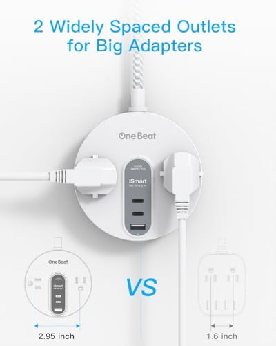 Compact Power Strip Surge Protector with USB-C Charging – 5 ft Flat Plug Extension Cord Featuring 2 AC Outlets & 3 USB Ports for Home, Office, and Travel – 490 J Surge Protection for Safe Device Charging and Efficient Organization
