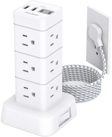 High-Performance Surge Protector Power Strip Tower with 12 Outlets and 4 USB Ports (2 USB-C) – Versatile Desktop Charging Station for Home Office and College Dorms, 6 Ft Flat Plug Extension Cord, Space-Saving Design for Enhanced Device Connectivity and Safety