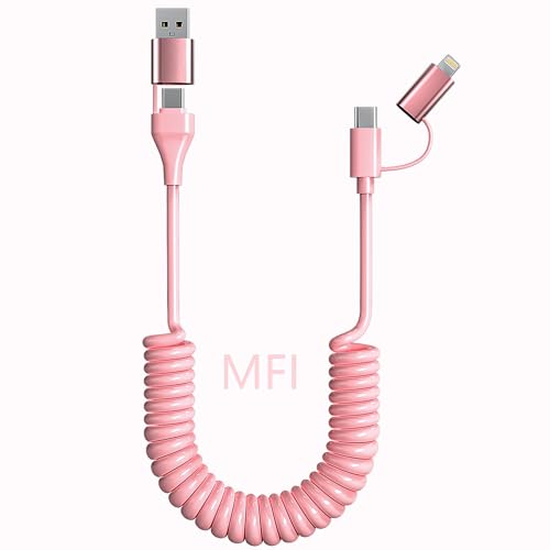 Revolutionize Your Charging Routine with the Versatile 4-in-1 Coiled USB-C and Lightning Cable – 60 W Fast Charging for Apple Carplay & Android Auto, Compatible with i Phone 16, 15, 14, 13 – Ideal Multi-Device Solution for Seamless Connectivity and Enhanced Performance