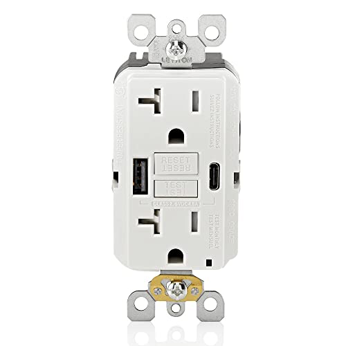 Leviton 60 W In-Wall USB Charger with Dual Type A/Type-C Ports and 20 A Tamper-Resistant Outlet – Fast Charging for Smartphones, Tablets, and Laptops – Modern Light Almond Finish, Ideal for Home and Office Efficiency – Safe, Stylish Power Solution for Tech Enthusiasts