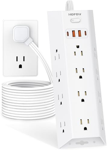 15 FT Surge Protector Power Strip with 12 AC Outlets & 4 USB Ports (2 USB-C) – Versatile Flat Plug Extension Cord for Home & Office, Wall Mountable Charging Station for Efficient Device Management and Enhanced Safety