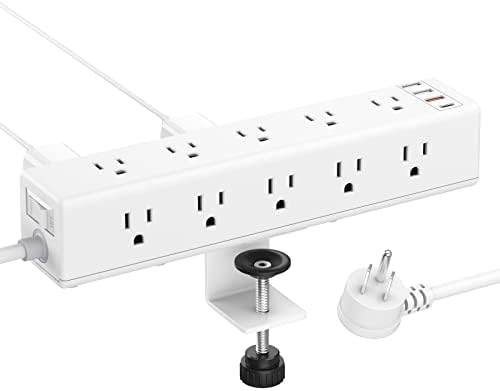 CCCEI 15-Outlet Desk Clamp Power Strip – Ultimate Surge Protector with Fast Charging USB Ports, 6 FT Flat Plug for Enhanced Accessibility, Compatible with 1.6-Inch Tabletops, Sleek Black Design for Modern Workspaces