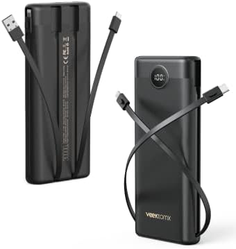 VEEKTOMX 10,000 m Ah Portable Power Bank with Integrated Charging Cables – Slim, Lightweight Fast Charger for i Phone, Samsung, and Android Devices – Essential Travel Companion with Intelligent Charging Technology for On-the-Go Convenience