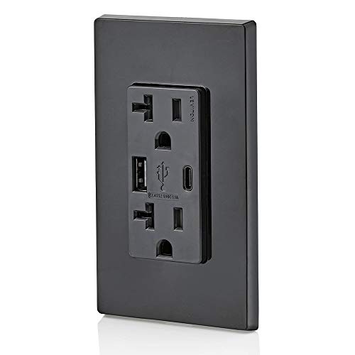 Leviton Dual USB In-Wall Charger with 20 A Tamper-Resistant Outlet – Type A & Type-C Compatibility for Smartphones and Tablets, Light Almond Finish – Streamlined Charging Solution for Home and Office Spaces