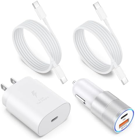 Excgood 25 W Fast Charging Car Charger with Dual 6 ft Braided USB-C Cables – High-Speed Wall Adapter for Samsung Galaxy S25 Ultra, S24, S23 FE & Android Devices, Compact & Travel-Friendly, Enhanced Safety Features for Optimal Performance