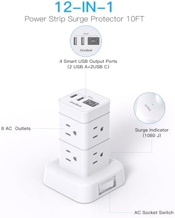 Elevate Your Charging Efficiency with the One Beat Tower Surge Protector Power Strip – 10 ft Long Flat Extension Cord with 8 AC Outlets & 4 USB Ports for Seamless Device Management in Home, Office, or College Dorm – Built-in Surge Protection for Unmatched Safety & Convenience