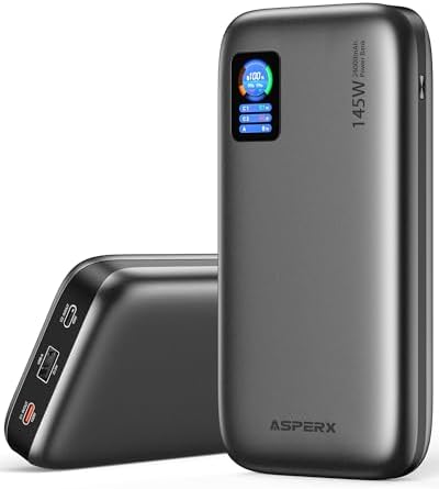 Asper X 24,000 m Ah Power Bank – 145 W High-Speed Portable Charger with Smart TFT Display and PD 3.1 Fast Charging, 3 USB-C Ports for Mac Book, i Phone 16/15/14/13, Dell XPS, Galaxy S24, Steam Deck – Ultimate Power Solution for Travelers and Gamers