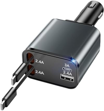 2025 Ultra-Compact 4-in-1 Retractable Car Charger – 69 W Fast Charging Adapter for i Phone 16, Galaxy and More – Innovative Space-Saving Design with Multiple Ports for Simultaneous Device Powering – Essential Car Accessory for Daily Commutes and Road Trips